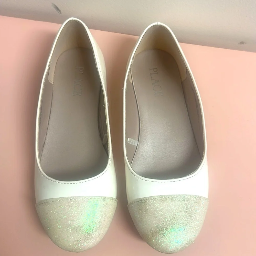 Kids White Glitter Cap Toe Ballet Flats Dress Shoes SZ 13
